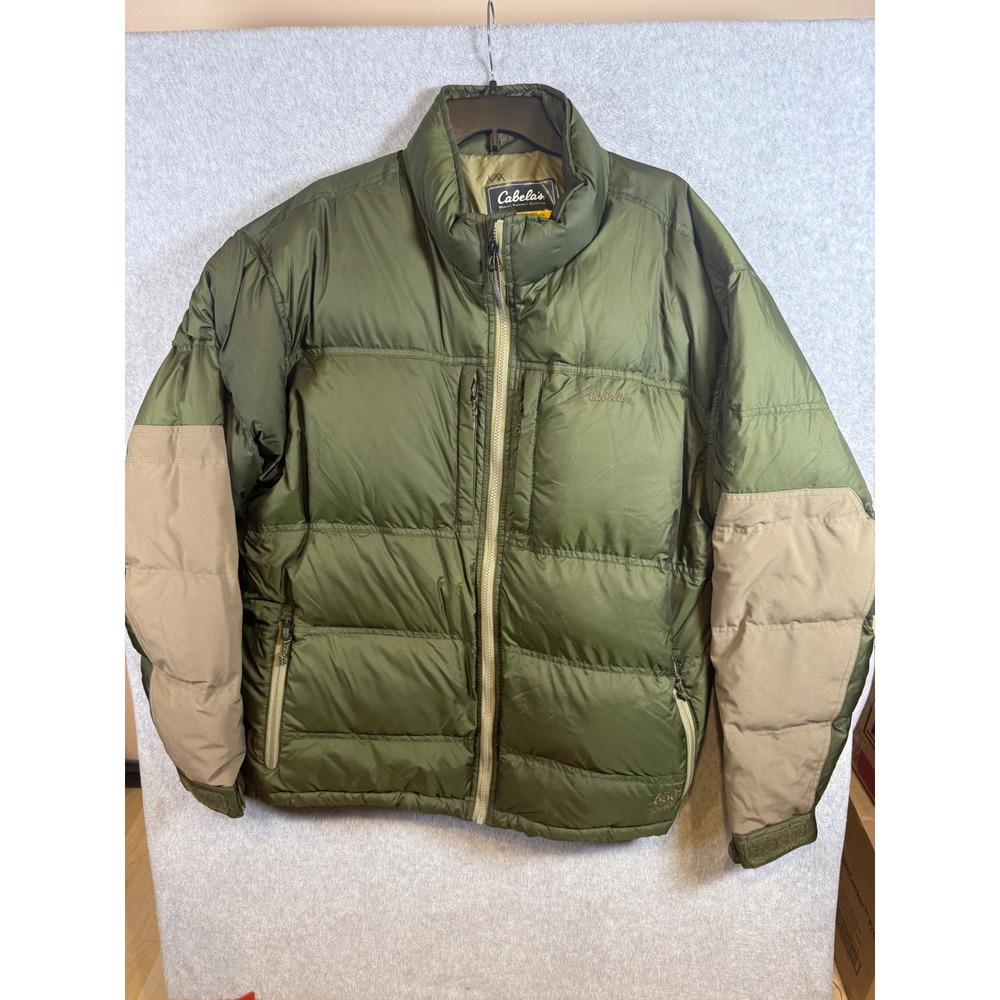 Cabelas Mens 2XL 650 Down Puffer Jacket Olive Green Ripstop Full Zip Heavy Coat